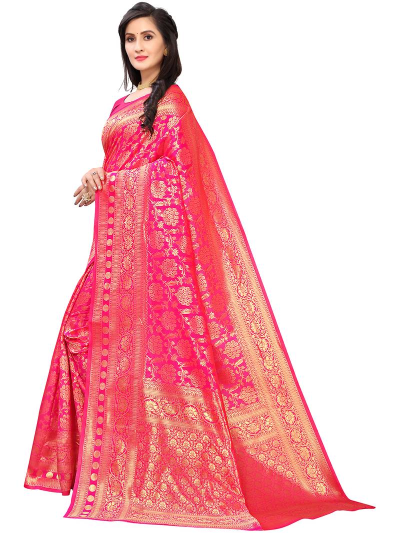 Leeza Store Women's Hot Pink Silk Blend Jacquard Golden Zari Woven Traditional  Banarasi StyleSaree