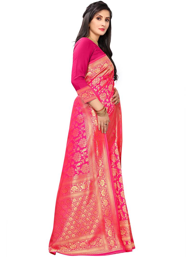 Leeza Store Women's Hot Pink Silk Blend Jacquard Golden Zari Woven Traditional  Banarasi StyleSaree