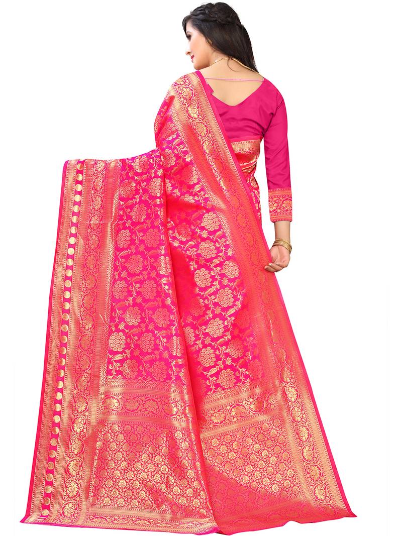 Leeza Store Women's Hot Pink Silk Blend Jacquard Golden Zari Woven Traditional  Banarasi StyleSaree