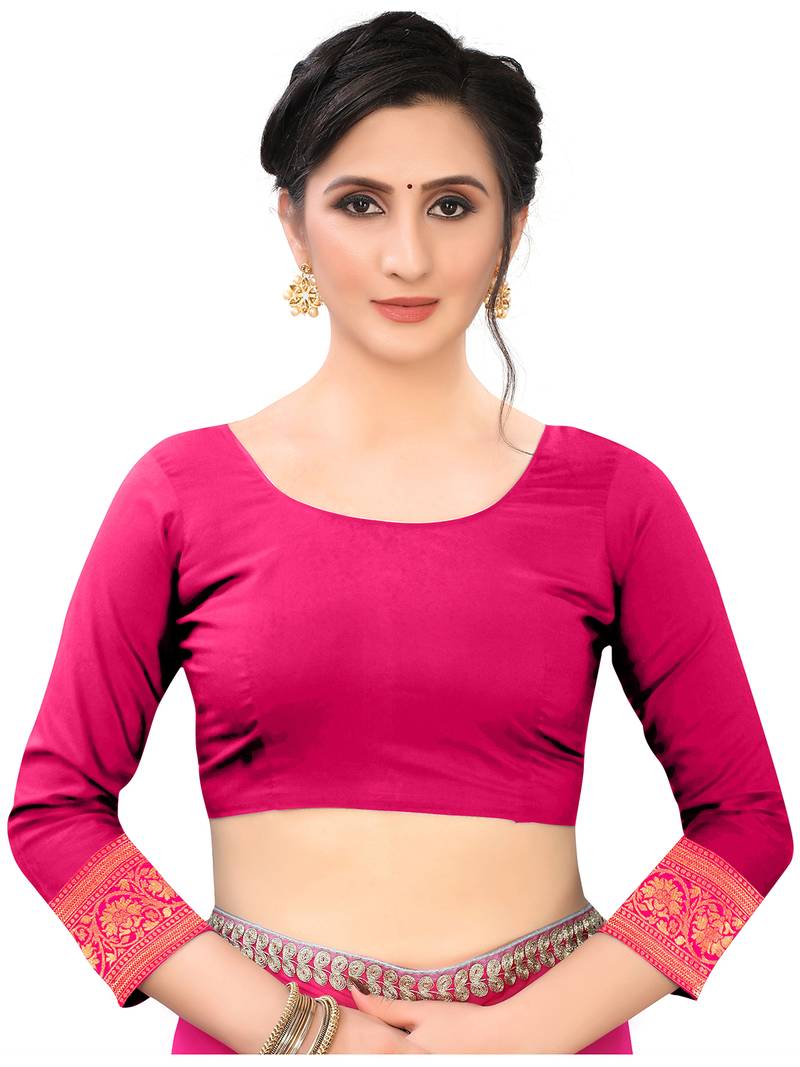 Leeza Store Women's Hot Pink Silk Blend Jacquard Golden Zari Woven Traditional  Banarasi StyleSaree