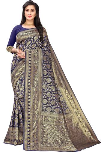 Leeza Store Women's Navy Blue Silk Blend Jacquard Golden Zari Woven Traditional  Banarasi StyleSaree