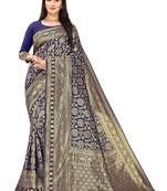 Leeza Store Women's Navy Blue Silk Blend Jacquard Golden Zari Woven Traditional  Banarasi StyleSaree