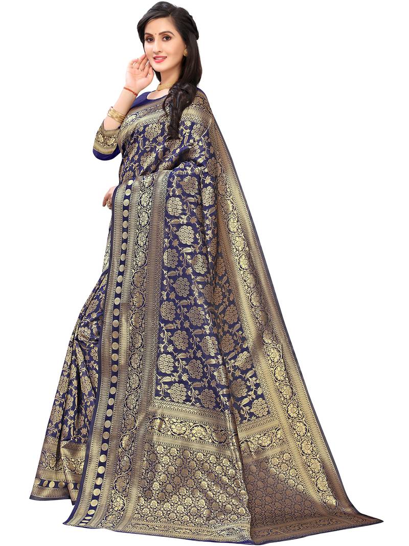 Leeza Store Women's Navy Blue Silk Blend Jacquard Golden Zari Woven Traditional  Banarasi StyleSaree