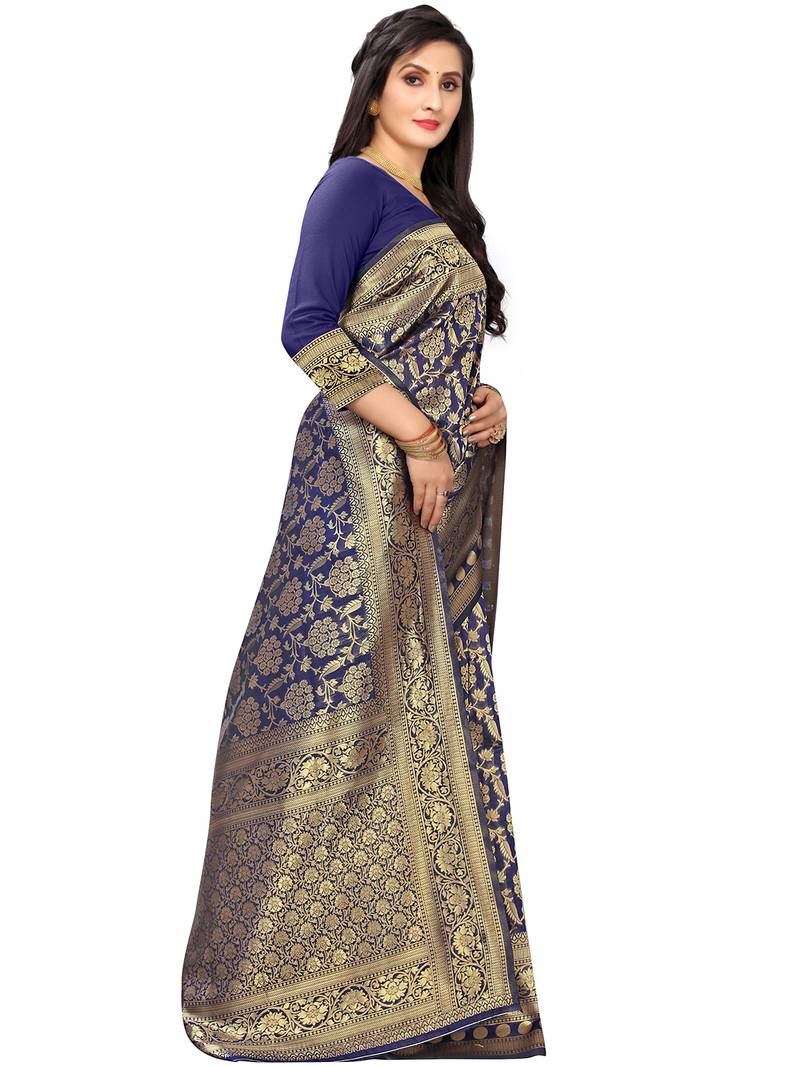 Leeza Store Women's Navy Blue Silk Blend Jacquard Golden Zari Woven Traditional  Banarasi StyleSaree