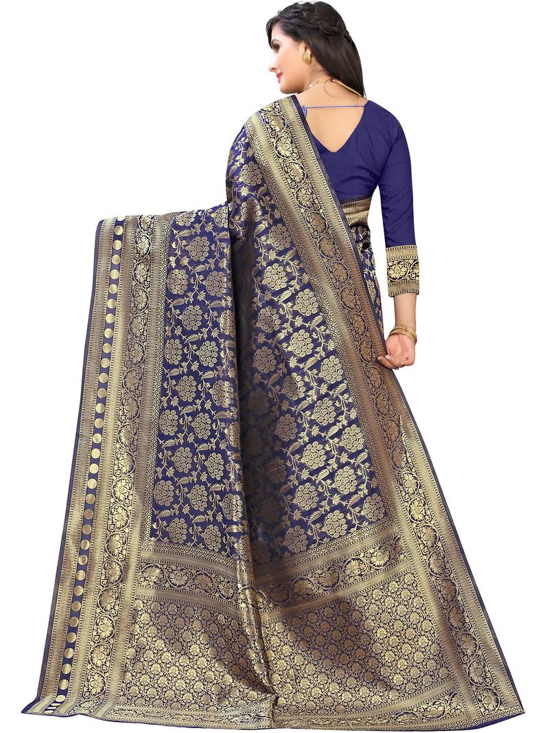 Leeza Store Women's Navy Blue Silk Blend Jacquard Golden Zari Woven Traditional  Banarasi StyleSaree