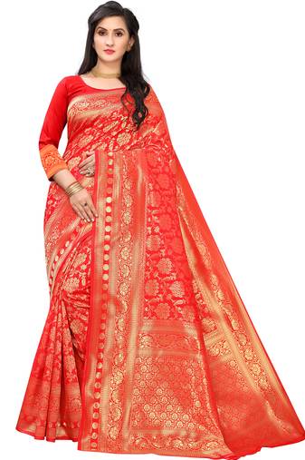 Leeza Store Women's Red Silk Blend Jacquard Golden Zari Woven Traditional  Banarasi StyleSaree