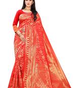 Leeza Store Women's Red Silk Blend Jacquard Golden Zari Woven Traditional  Banarasi StyleSaree