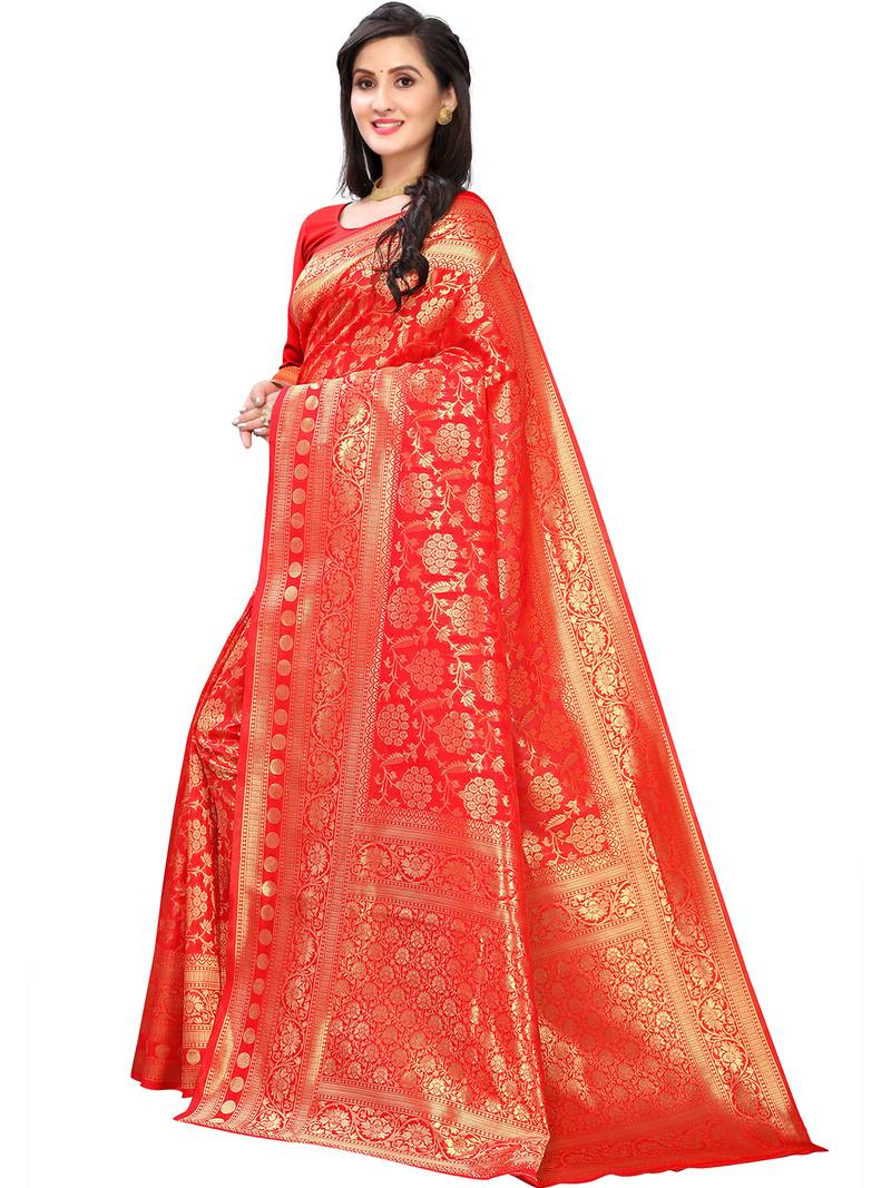 Leeza Store Women's Red Silk Blend Jacquard Golden Zari Woven Traditional  Banarasi StyleSaree