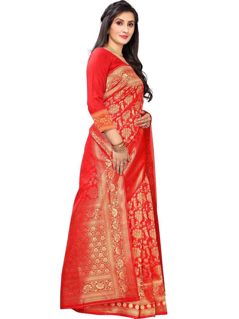 Leeza Store Women's Red Silk Blend Jacquard Golden Zari Woven Traditional  Banarasi StyleSaree