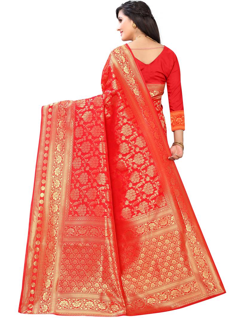 Leeza Store Women's Red Silk Blend Jacquard Golden Zari Woven Traditional  Banarasi StyleSaree