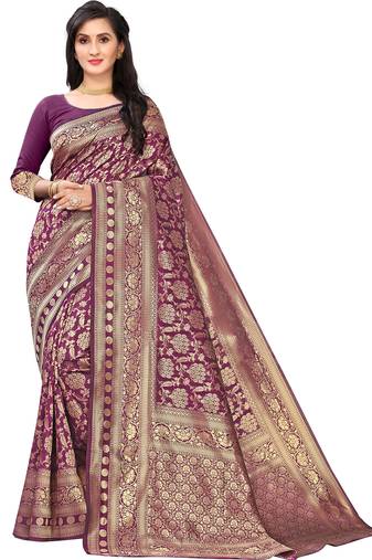 Leeza Store Women's Purple Silk Blend Jacquard Golden Zari Woven Traditional  Banarasi StyleSaree