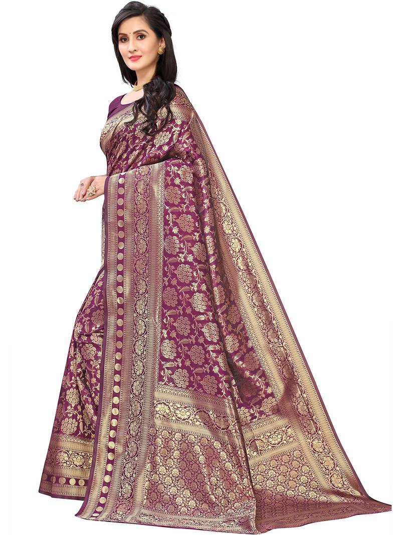 Leeza Store Women's Purple Silk Blend Jacquard Golden Zari Woven Traditional  Banarasi StyleSaree