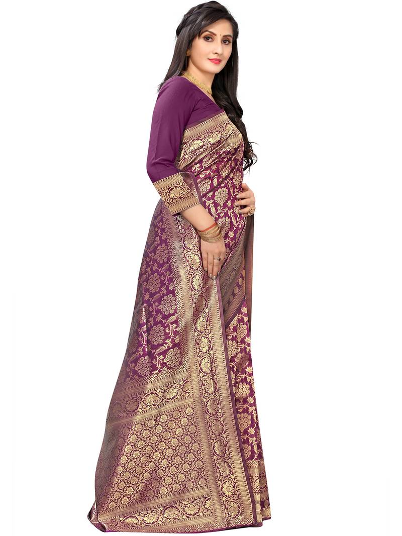 Leeza Store Women's Purple Silk Blend Jacquard Golden Zari Woven Traditional  Banarasi StyleSaree