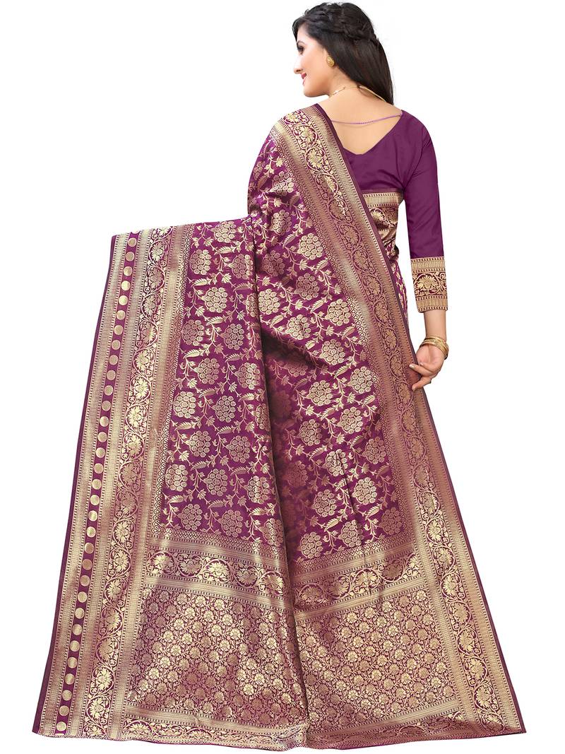 Leeza Store Women's Purple Silk Blend Jacquard Golden Zari Woven Traditional  Banarasi StyleSaree