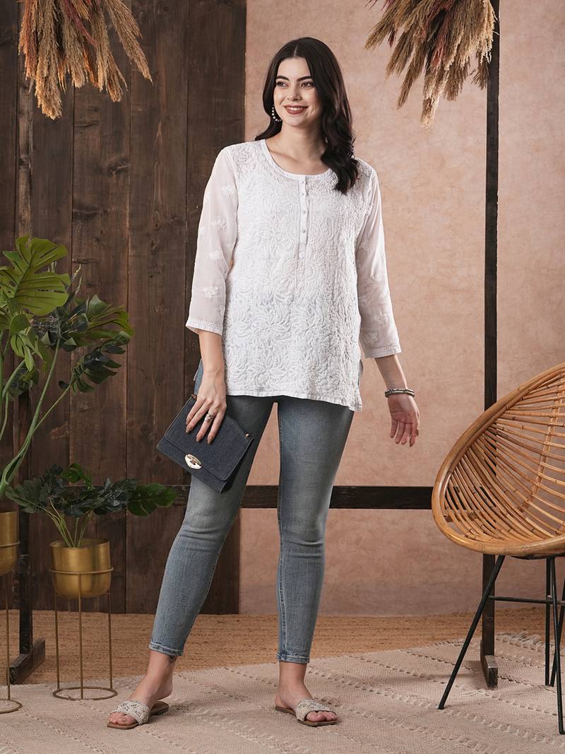 Hand Embroidered White Cotton Lucknow Chikan Women Top
