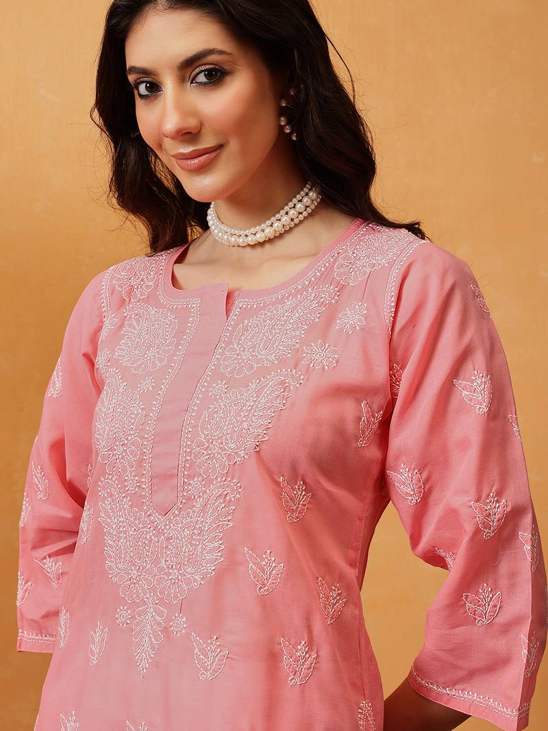 Hand Embroidered Peach Cotton Lucknow Chikankari Women Kurta