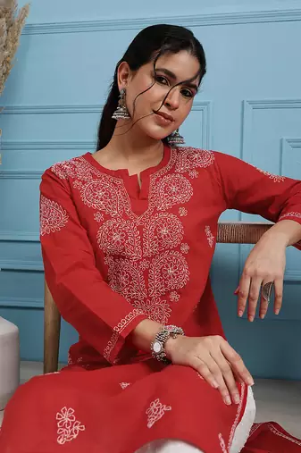 Hand Embroidered Red Pure Cambric Cotton Lucknow Chikankari Women Kurta