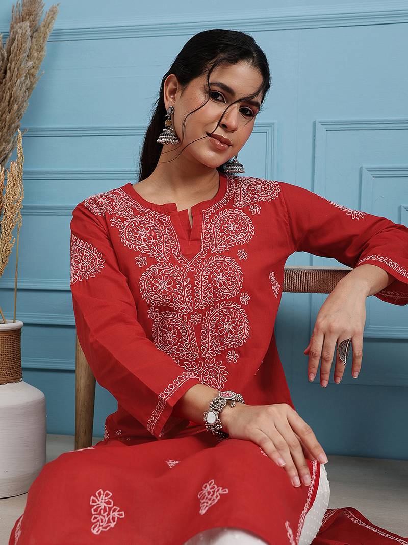 Hand Embroidered Red Pure Cambric Cotton Lucknow Chikankari Women Kurta