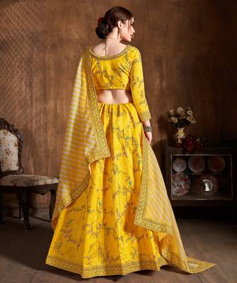 Prepossessing Yellow Dori, Zari, Thread and Glitter Sequins Embroidered Mulbury Silk Semi Stitched wedding Lehenga 3