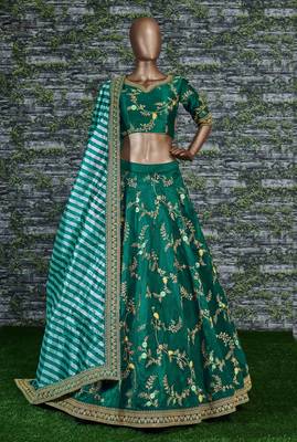 Dark Green Dori, Zari, Thread and Glitter Sequins Embroidered Mulberry Silk Semi Stitched Lehenga choli 2