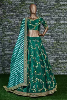 Dark Green Dori, Zari, Thread and Glitter Sequins Embroidered Mulberry Silk Semi Stitched Lehenga choli