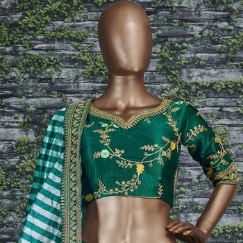 Dark Green Dori, Zari, Thread and Glitter Sequins Embroidered Mulberry Silk Semi Stitched Lehenga choli 3