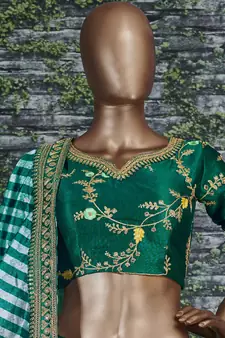 Dark Green Dori, Zari, Thread and Glitter Sequins Embroidered Mulberry Silk Semi Stitched Lehenga choli