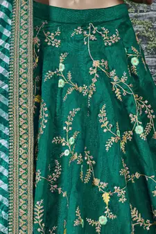 Dark Green Dori, Zari, Thread and Glitter Sequins Embroidered Mulberry Silk Semi Stitched Lehenga choli