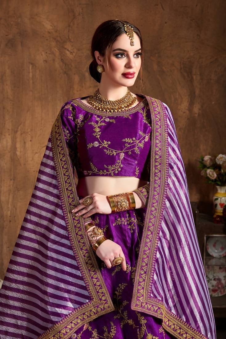 Hypnotizing Purple Dori Zari Thread And Glitter Sequins Embroidered Mulberry Silk Party Wear Lehenga Choli