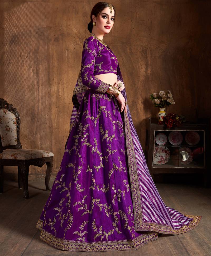 Hypnotizing Purple Dori Zari Thread And Glitter Sequins Embroidered Mulberry Silk Party Wear Lehenga Choli