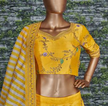 Prepossessing Yellow Dori, Zari, Thread and Glitter Sequins Embroidered Mulbury Silk Semi Stitched wedding Lehenga 6