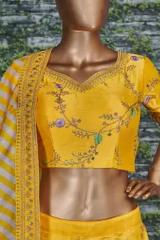 Prepossessing Yellow Dori, Zari, Thread and Glitter Sequins Embroidered Mulbury Silk Semi Stitched wedding Lehenga