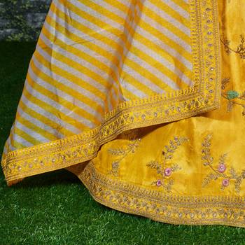 Prepossessing Yellow Dori, Zari, Thread and Glitter Sequins Embroidered Mulbury Silk Semi Stitched wedding Lehenga 7