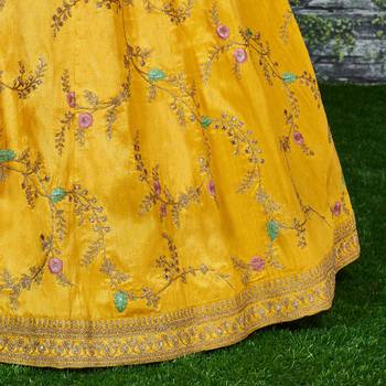 Prepossessing Yellow Dori, Zari, Thread and Glitter Sequins Embroidered Mulbury Silk Semi Stitched wedding Lehenga 8