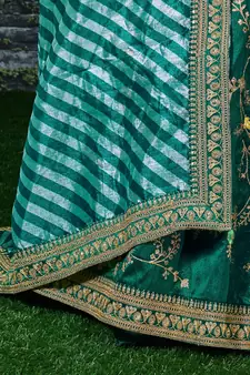Dark Green Dori, Zari, Thread and Glitter Sequins Embroidered Mulberry Silk Semi Stitched Lehenga choli
