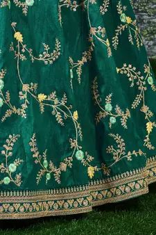 Dark Green Dori, Zari, Thread and Glitter Sequins Embroidered Mulberry Silk Semi Stitched Lehenga choli