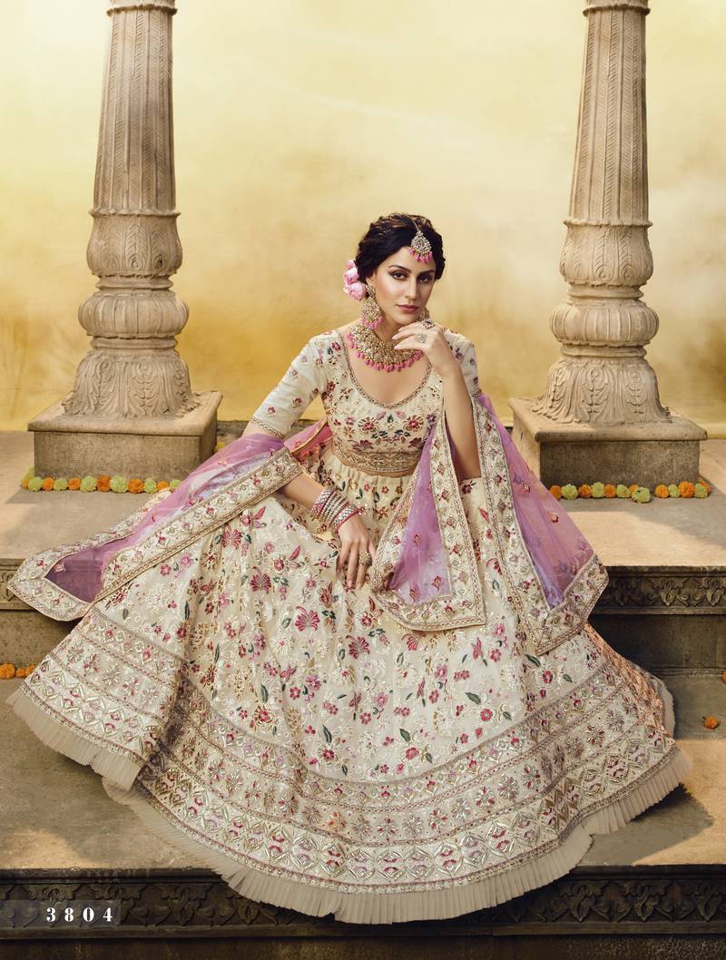 Offwhite thread embroidery semi stitched lehenga MESMORE