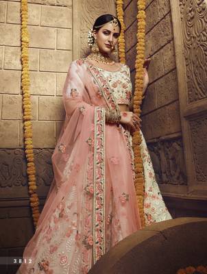 Off-white thread embroidery georgette semi stitched lehenga 2