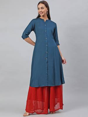 Teal plain viscose rayon kurtas-and-kurtis 1