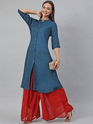 Teal plain viscose rayon kurtas-and-kurtis 2