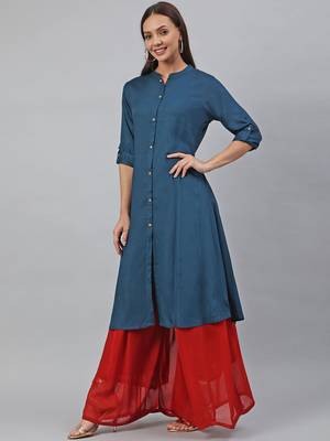 Teal plain viscose rayon kurtas-and-kurtis 3