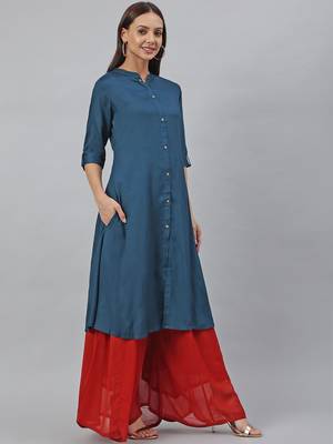 Teal plain viscose rayon kurtas-and-kurtis 4
