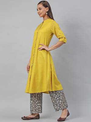 Yellow plain viscose rayon kurtas-and-kurtis 3