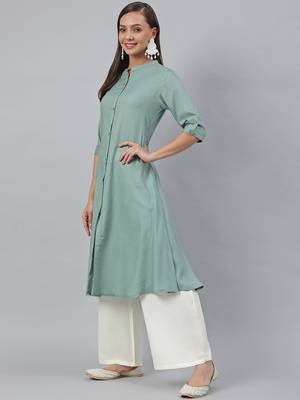 Green plain viscose rayon kurtas-and-kurtis 3