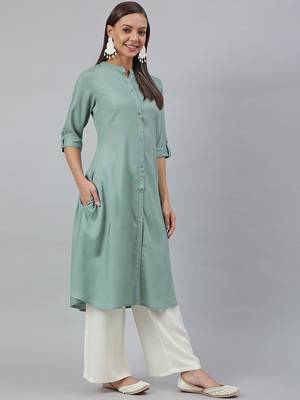 Green plain viscose rayon kurtas-and-kurtis 4