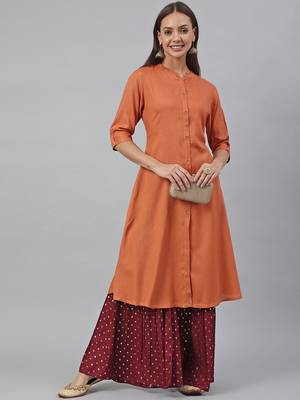 Orange plain viscose rayon kurtas-and-kurtis 2