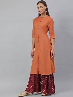 Orange plain viscose rayon kurtas-and-kurtis 3