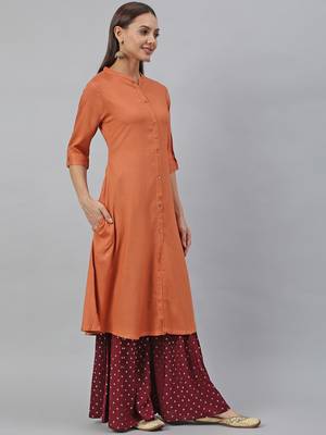 Orange plain viscose rayon kurtas-and-kurtis 4