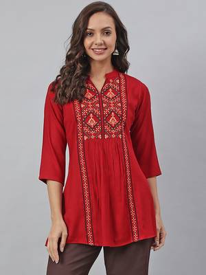 Maroon embroidered viscose rayon tunics 1