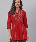 Maroon embroidered viscose rayon tunics